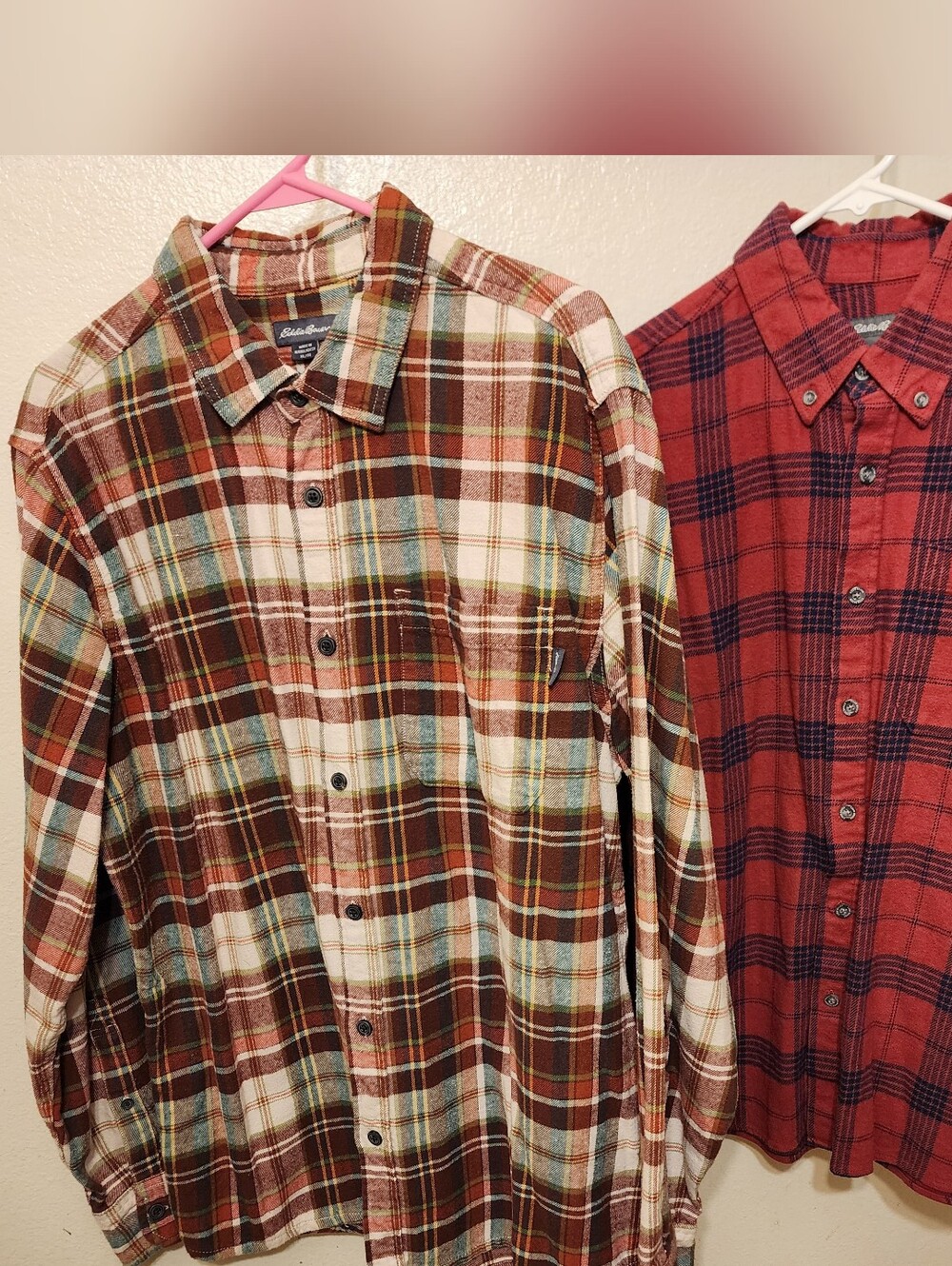 Eddie Bauer Burgundy & Cream, & Brick RedPlaid Button-Up Flannel Shirt Bujdle